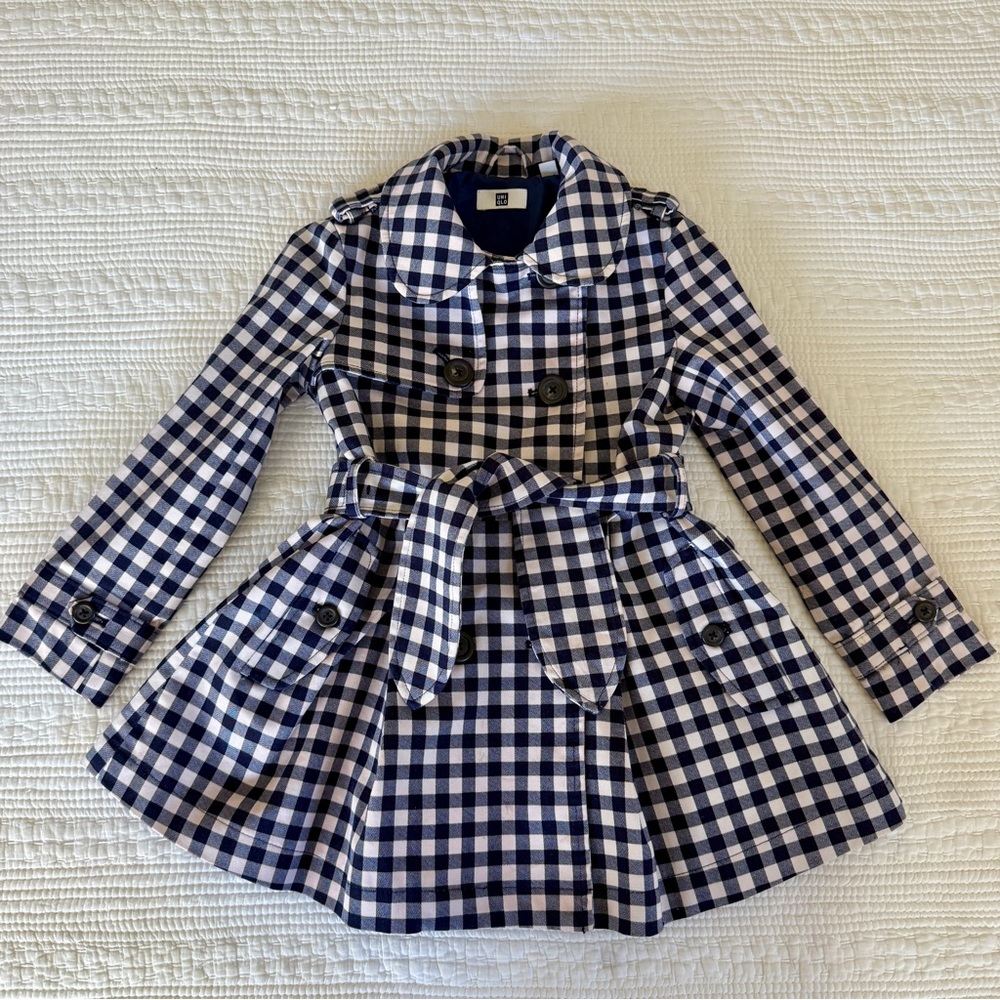 Uniqlo Buffalo Check Belted Trench Coat Blue and White Girls Size 3-4